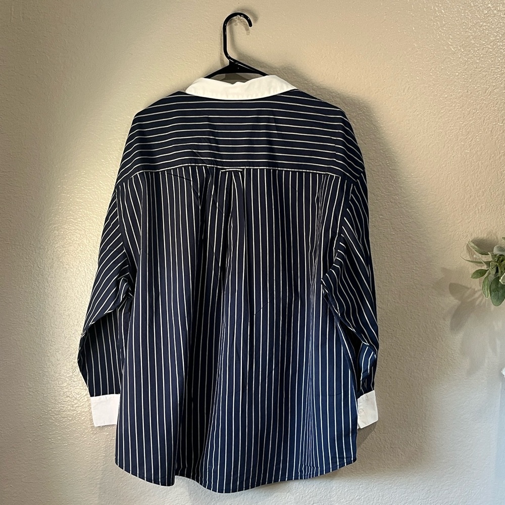 Old Navy Navy Pinstripe Button-Down Boy Friend Shirt White Collar Cuffs Sz XL - Picture 6 of 6
